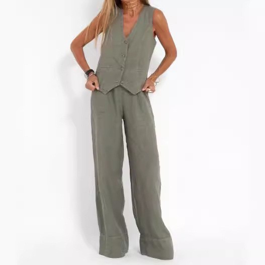 315g Weight Sleeveless Sleeve Length Polyester Fabric Type Pant Co-ord Set Sets Type 2 Pieces Set Quantity Casual, Daily Occasion V Neck Neckline Loose Fit Type Solid Color Pattern Summer, Spring Season Women's Gender Casual, Streetwear Style Casual Daily Women's Casual Streetwear Solid Color Polyester Pant Co-ord Set Pants Sets
