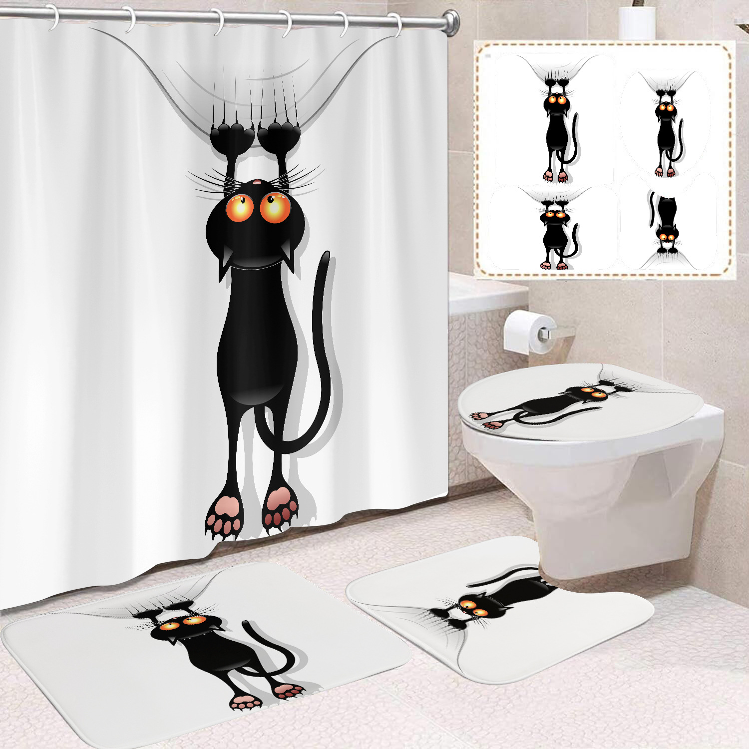 Fuente de fabricantes Amazon animales gatos niños cortina de ducha impermeable a prueba de moho cortina de ducha inodoro partición de baño divertido