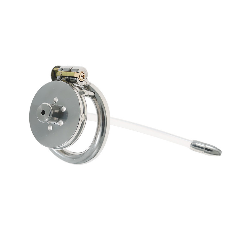 Fun Stainless Steel Flat Short Chastity Device Round Hole Chastity Lock with Flexible Tube for Men's Wear and Restraint