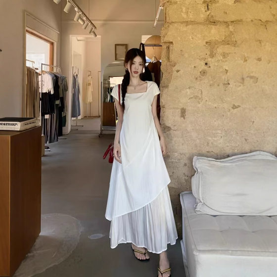 French Temperament Irregular White dress Children's Summer 2025 New High-end Fake Two-piece Vest Long Dress