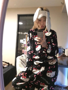Flannel long-sleeved pajamas for women in autumn and winter cute cartoon warm outer wear home clothes thickened kt cat two-piece suit