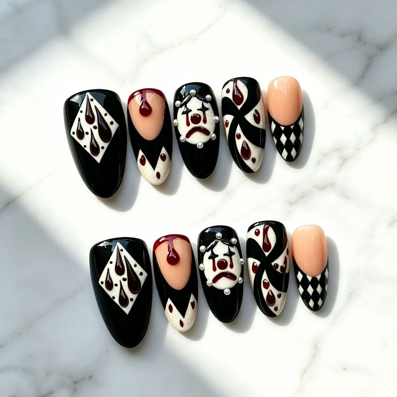 Cross-border Dark Sweet Cool Halloween Night Sky Manicure with 3D Stars, Crescent Moon, Polka Dots, Short Almond-shaped Press-on Nails Wholesale