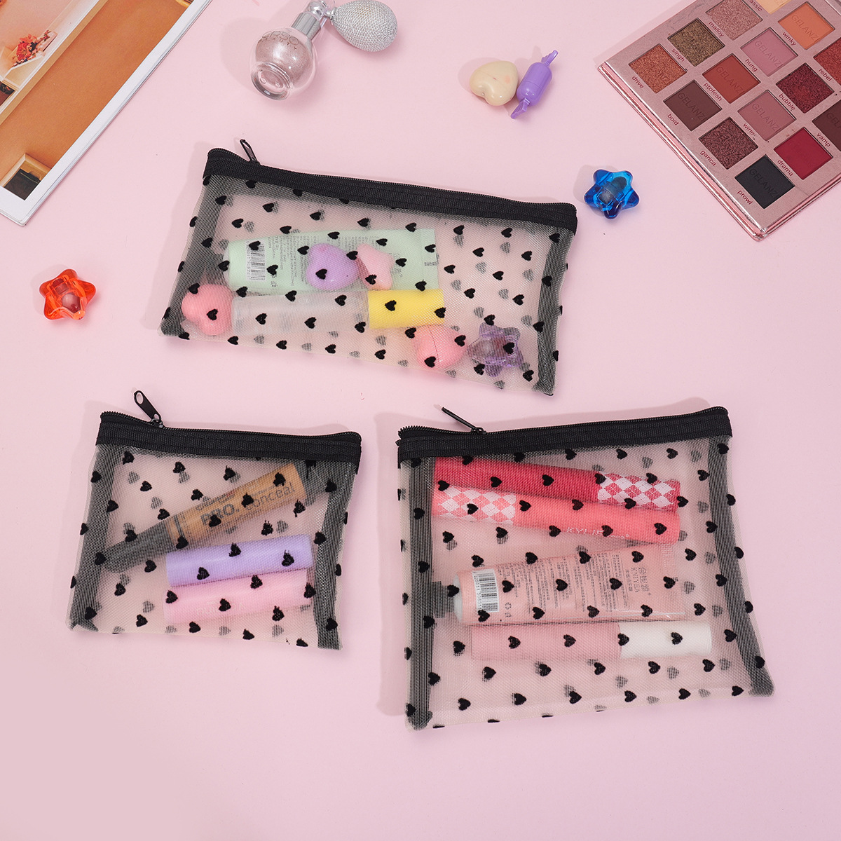 跨境升级尼龙网眼绒心型化迷你爱心妆包笔袋首饰口红收纳零钱包