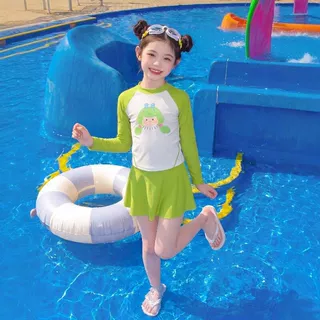 女孩防晒长恤泳衣分体裙式大童套装两件套游泳服户外女童夏装泳装