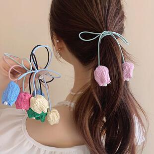 Korean romantic! Tulip bow cord! Niche temperament design sense hair ring small fresh hair accessories
