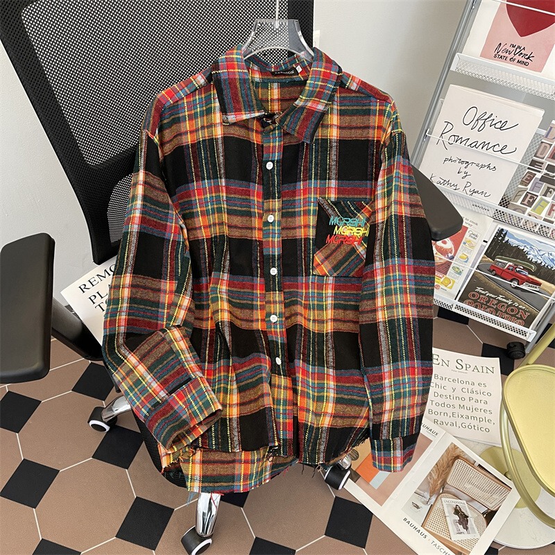 Tie-dyed Plaid Long-sleeved Shirt Men's 2024 Spring and Autumn Pure Cotton Design Niche Loose Casual Shirt Jacket