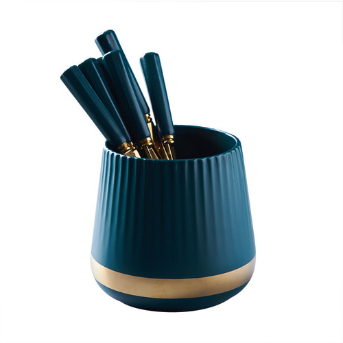 Gold-edged striped ceramic fruit fork storage jar, high-looking stainless steel fruit fork, household goodies, spoon and fork set