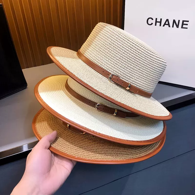 法式赫本皮带包边草帽女夏季海边度假加密平顶帽户外防晒遮阳礼帽