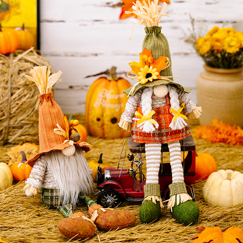 Thanksgiving decorations Harvest Maple Leaf straw hat Rudolph leg hanging doll gnome dwarf doll_voghion.com