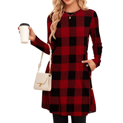 2025 European and American Style Long-Sleeve Round Neck Button-Side Dress with Pockets for Women