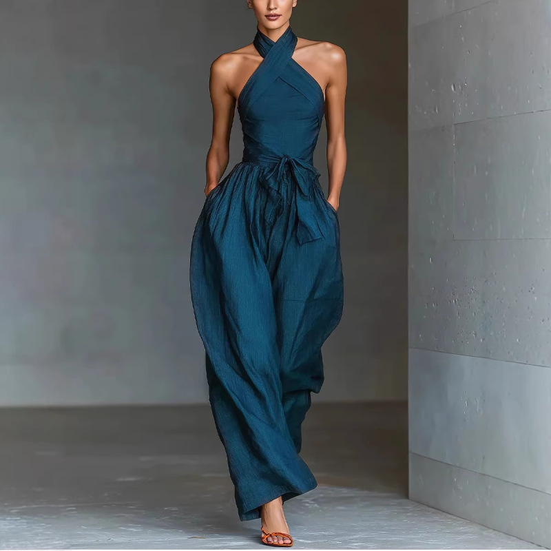2026 European and American Women's Fashion Amazon Independent Site Sleeveless Halter Tie Solid Color Pocket Jumpsuit Long Pants