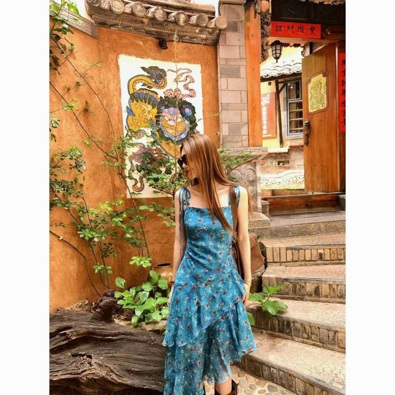 法式小众海边度假风不规则碎花吊带连衣裙夏季新款修身显瘦长裙女|undefined