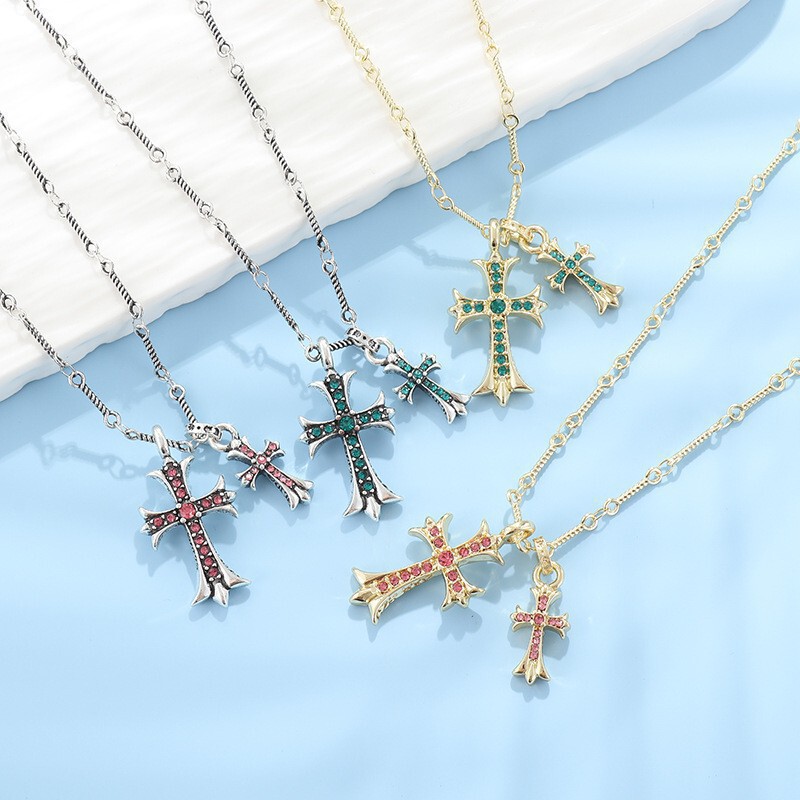 New K Luo Xin High-Quality Diamond-Encrusted Double Cross Colored Diamond Pendant Trendy Fashion Hip-Hop Necklace Versatile for Couples