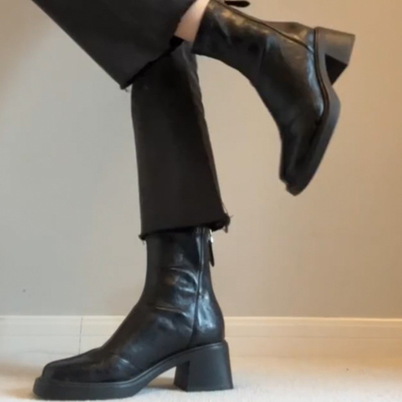 羊皮版~真皮黑色褶皱粗跟短靴女英伦风复古切尔西靴瘦瘦靴马丁靴|undefined