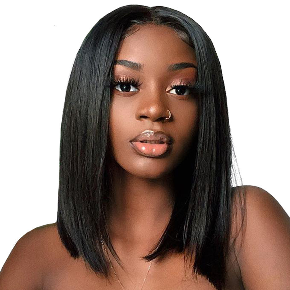 Parrucca realistica con capelli lisci per donna, taglio caschetto di media lunghezza, sintetica in seta ad alta temperatura, stile africano europeo americano_voghion.com