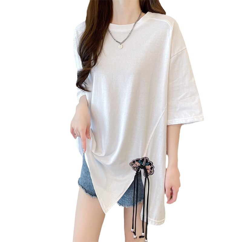 Camiseta de manga corta con hebilla de talla grande, estilo nacional femenino, suelta, talla grande, delgada, 2024 verano, nuevo estilo, top bordado, marea image 6