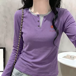 设计感正肩别致假两件100%棉长袖T恤女秋冬季修身打底衫收腰上衣