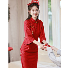2025秋冬款中国风红色复合蕾丝长款复古旗袍女装中袖改良修身显瘦