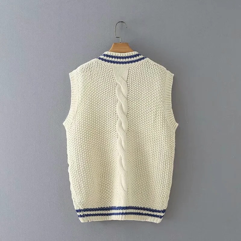 Striped contrast color V-neck twist loose vest NSAC20140
