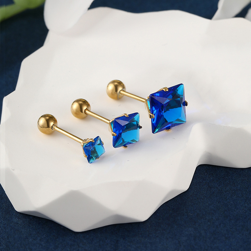 Xuping joyería de acero inoxidable tornillo torcedura hebilla pendientes cuadrados japonés y coreano personalidad de la moda azul pendientes de Gema artificial