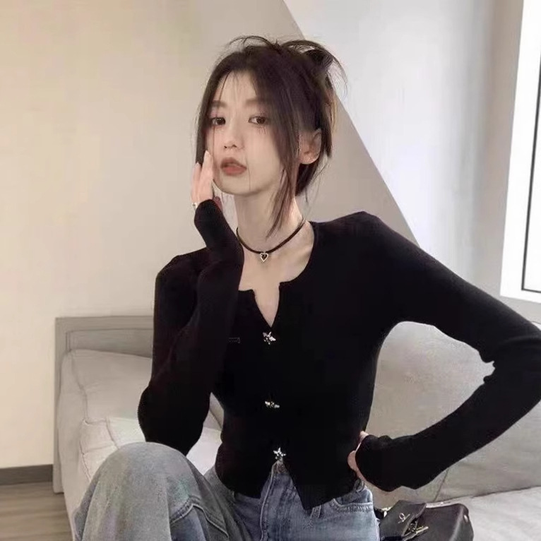 黑色毛衣短款女装氛围感穿搭2025早初秋季外搭小香风长袖针织上衣|undefined