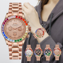 2021新款休閑方塊彩鑽彩虹圈手表  三眼鋼帶個性時尚男女石英手表