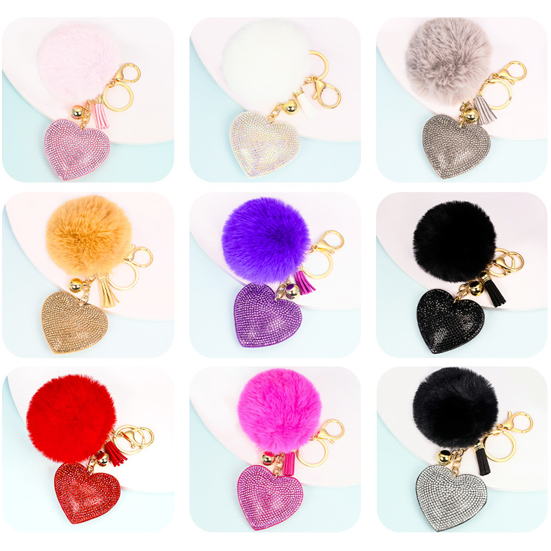 Venta caliente transfronteriza terciopelo coreano diamante color sólido amor corazón pelo bola llavero colgante bolso de las mujeres accesorios personalización