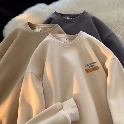 American cool retro heavy round neck hoodie men's winter lined loose trendy brand cool top