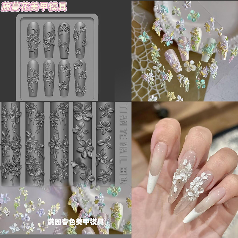 3D Nail Art Mold with Spring Garden Colors, French Vine Flower Nail Tool Decoration, High Temperature Resistant High-Transparency Silicone Mold