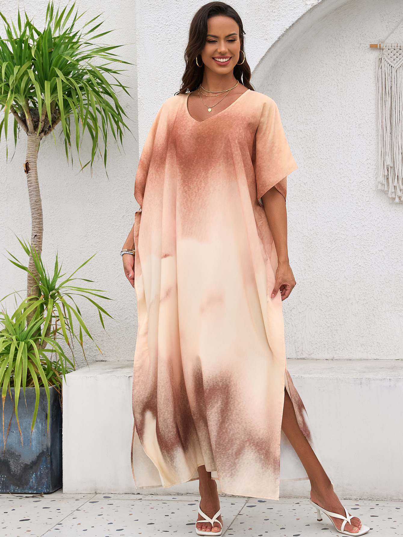 Vestido de playa de talla grande con estampado degradado europeo y americano, pareo de playa, protección solar, bata de playa