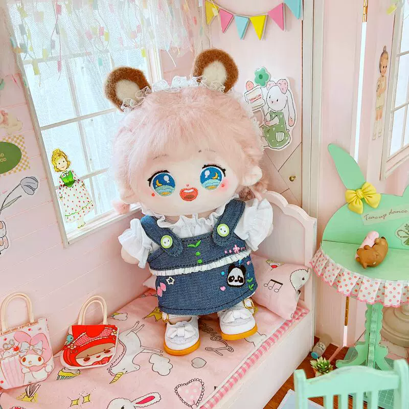 Cotton doll, denim slip dress, 20cm, children's clothing, panda