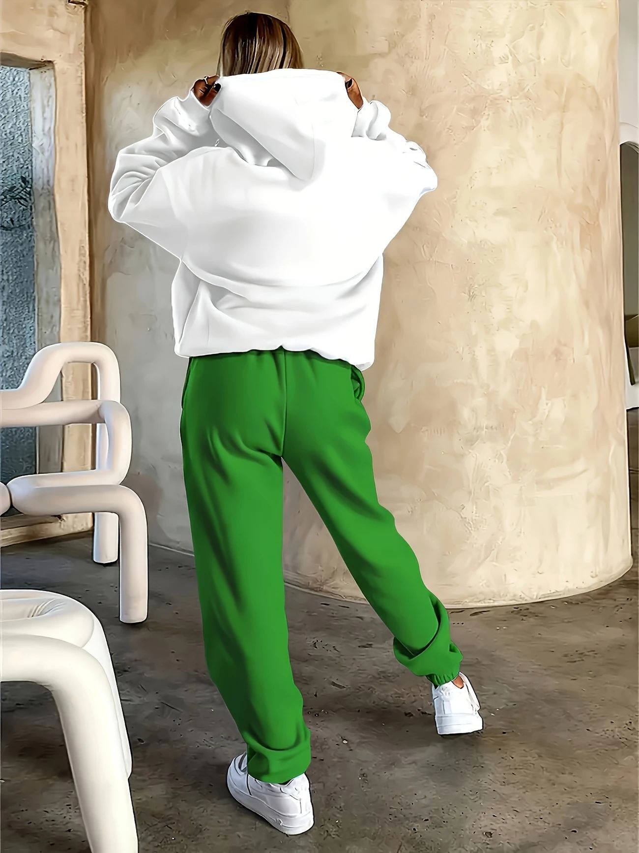 Ensemble sweat à capuche et jogging unisexe à imprimé géométrique pour femme - Pull décontracté tendance avec pantalon assorti (blanc/marron, blanc/vert)_voghion.com