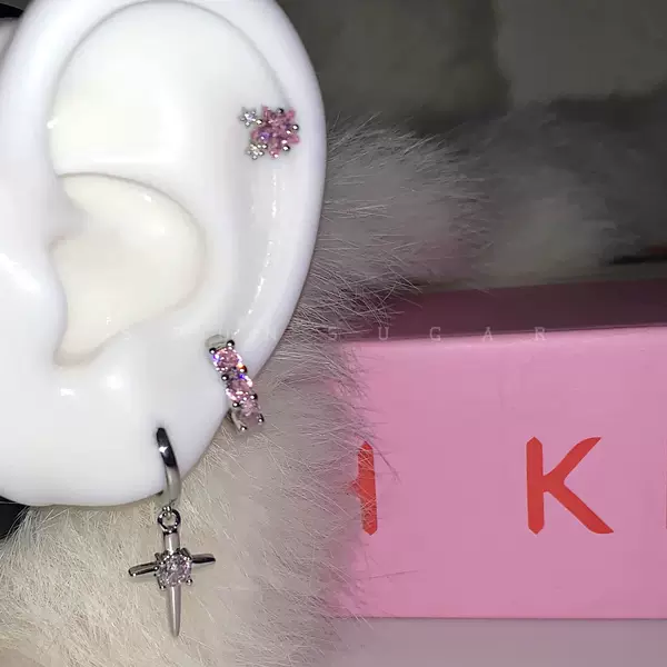 Flashing Pink Cross Star Earrings, Sweet and Cool Style Double Ear Holes with Sweet Girl Heart Earrings