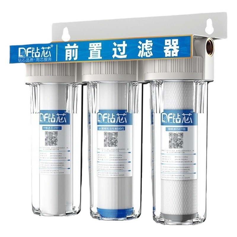 Botella de filtro transparente de Filtro frontal de tres niveles de dos niveles Purificador de agua de filtro de agua de grifo de cocina a prueba de explosiones de 10 pulgadas con placa colgante