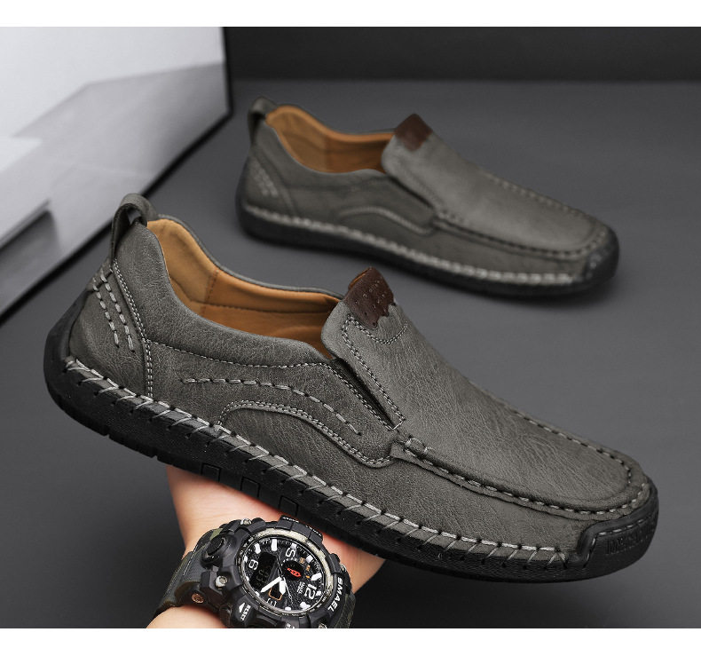 Giày lười nam da bò khâu thủ công cổ thấp mũi tròn, đế bằng — 9914 kaki, 9914 màu đen, 9914 nâu sẫm, Màu xám 9914 chi tiết 28