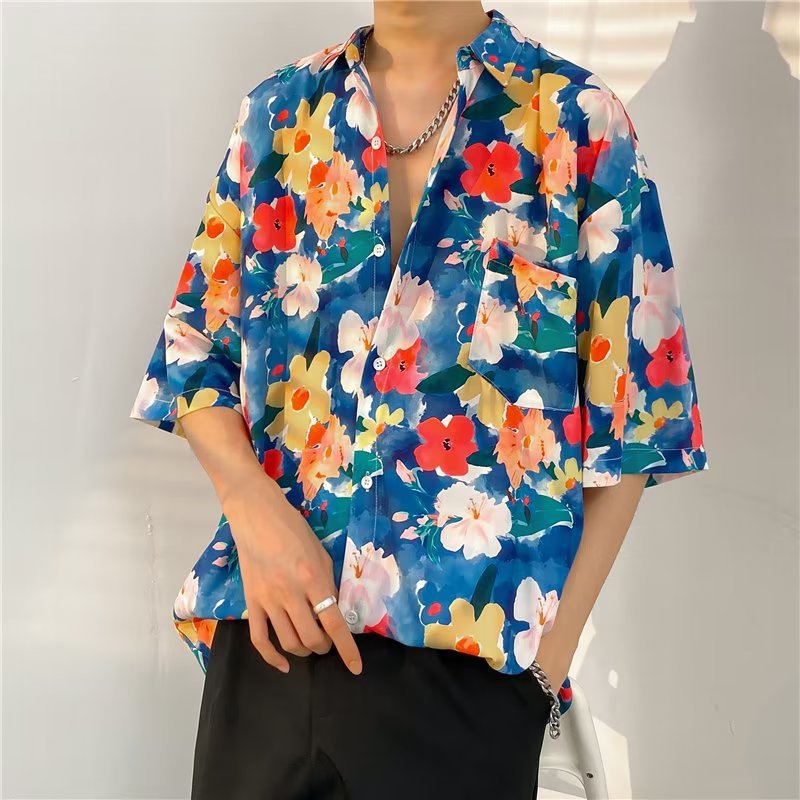 Hong Kong estilo Retro Vintage floral camisa manga corta Estilo Hawaiano tailandés diseño Ruan guapo camisa suelta para hombres y mujeres