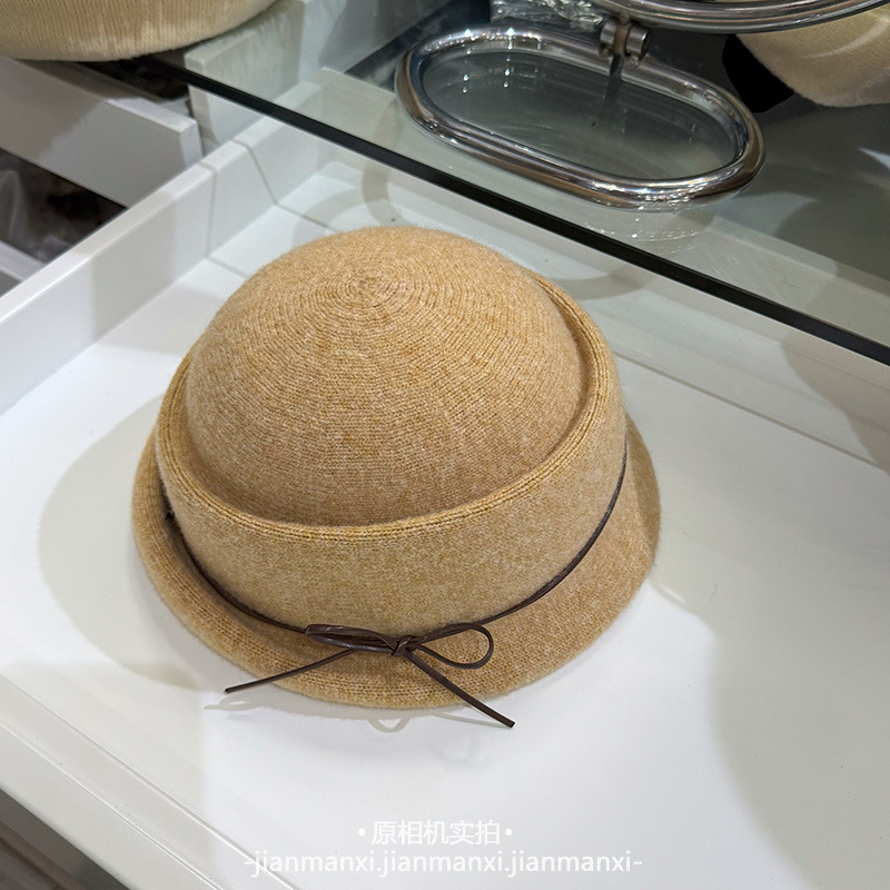 皮质蝴蝶结羊毛名媛千金礼帽女秋冬法式赫本风翻边气质保暖盆帽|undefined