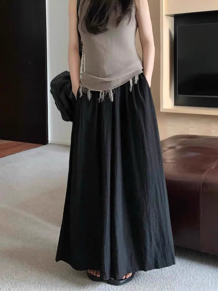 Textured casual trousers for women new retro high waist slim design solid color wide leg skirt pants_voghion.com