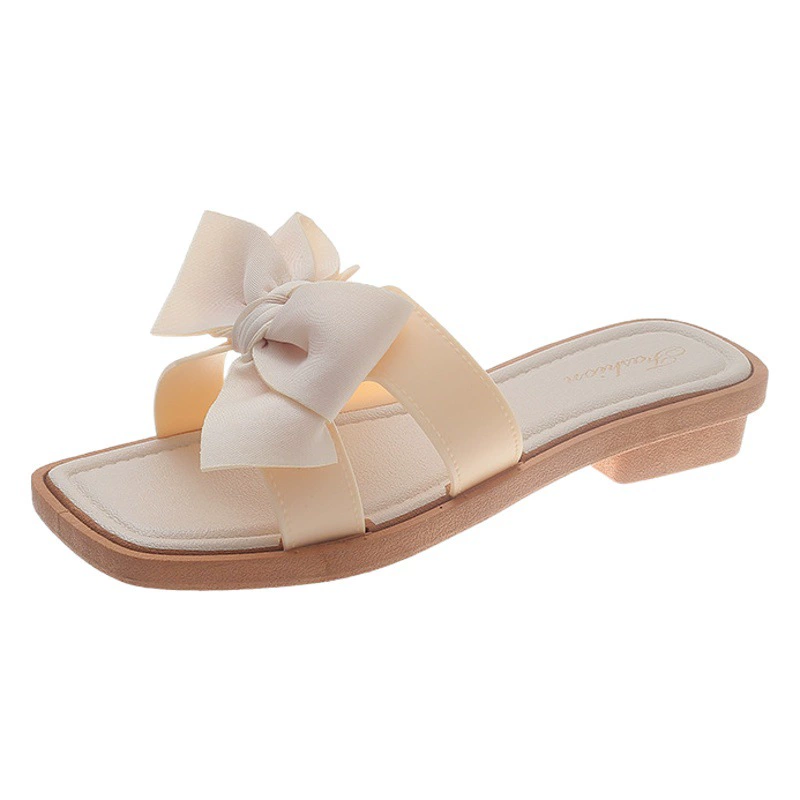 Популярные тапочки с квадратным носком и бантом, женские летние прогулочные модные Универсальные уличные сандалии на низком каблуке с мягкой подошвой