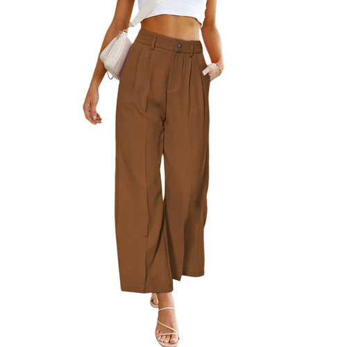 2023 spring and summer new style European and American cross-border women's casual wide-leg formal pants high-waist button trousers with pockets