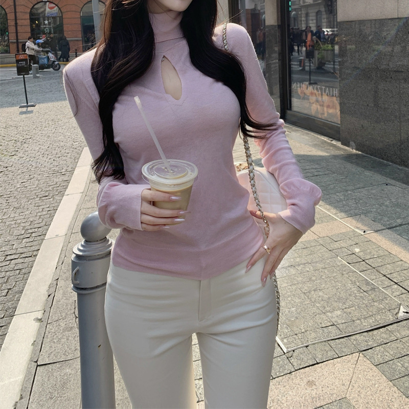 Hibiscus One Wool Blended Water Drops Upgraded High Neck Thin Soft Hollow Long Sleeve Base Knitted Sweater Dyed Tender Pink