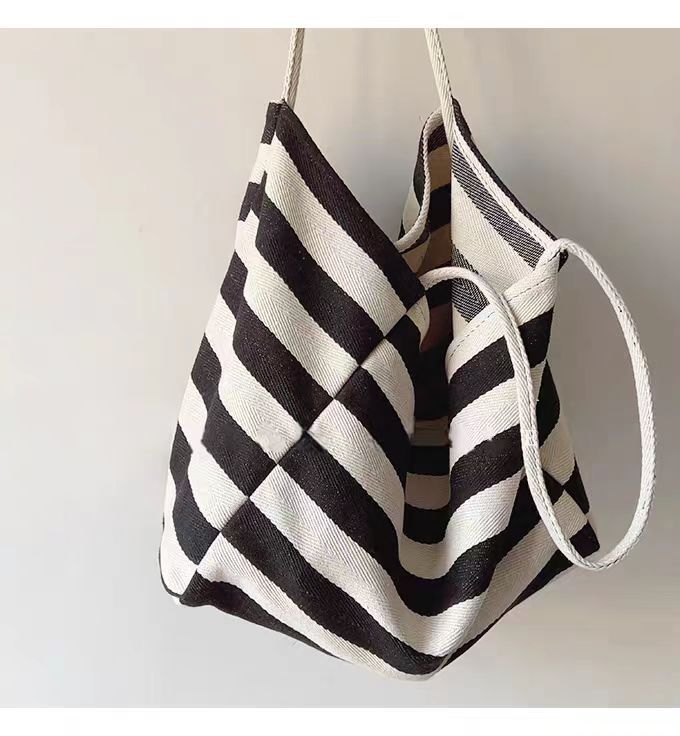 Contrast Stripe Canvas Tote Bag, Large Capacity Shoulder Bag_voghion.com
