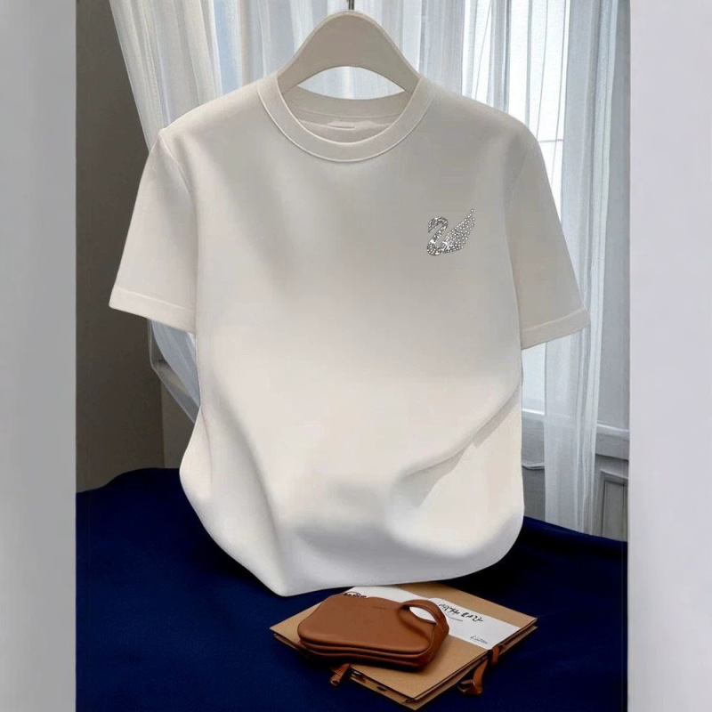 European Style 2026 New Model Straight Shoulder Pure Cotton Short-Sleeve T-Shirt for Women, Slim-Fit White Round Neck Top, Base Layer Shirt European Style 2026 New Model Straight Shoulder Pure Cotton Short-Sleeve T-Shirt for Women, Slim-Fit White Round Neck Top, Base Layer Shirt