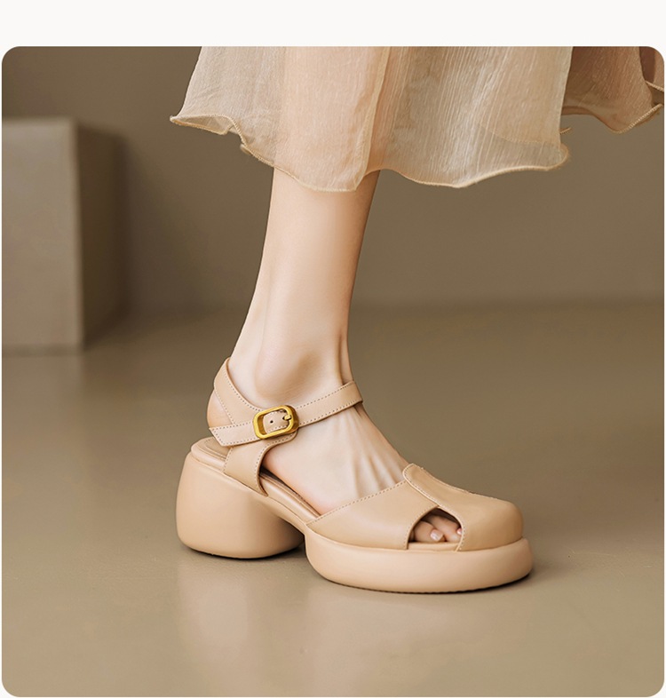 Sandal cao gót nữ bít mũi da cừu gót thô kiểu La Mã đế dày quai ngang — Màu trắng be chi tiết 20