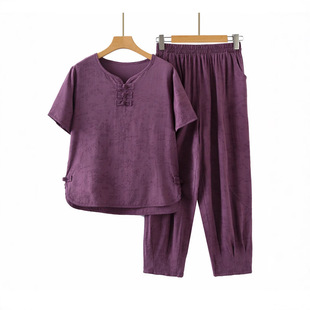 Middle-Aged and Elderly Mothers' Chinese Style Suits Women's Tencel Cotton and Linen Suits Short-Sleeved T-Shirts Loose Grandma's Two-Piece Suit