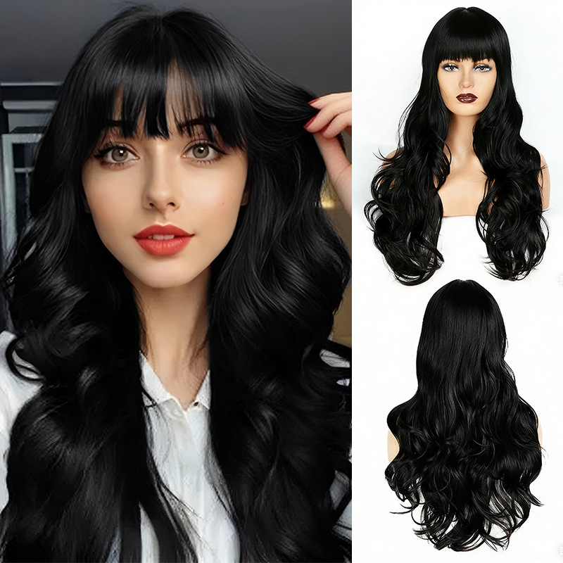 Cross-Border European and American Popular Cosplay Daily Wear Long Curly Wig with Bangs for Women, Full Head Synthetic Fiber Big Wave Wig
