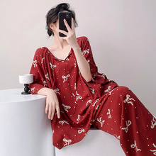 2025年新款春夏短袖棉绸睡衣女夏薄款大码显瘦夏天凉快家居服套装