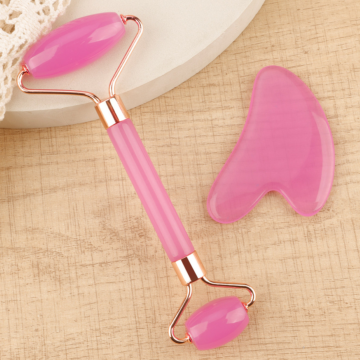 Rodillo de jade de imitación de doble cabeza, masajeador de tabla gua sha, bastón de masaje facial de fisioterapia, dispositivo de belleza de resina engrosada, transfronterizo