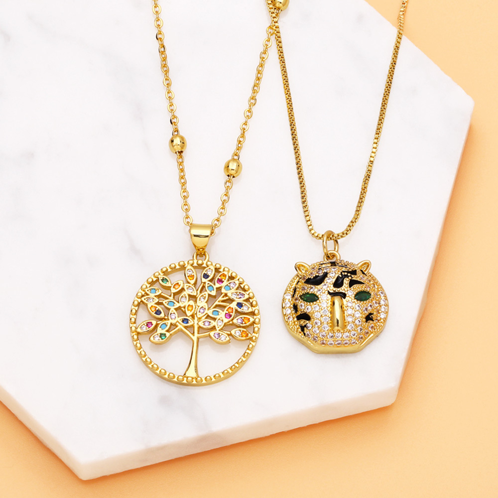 fashion leopard head pendant simple color zircon tree of life pendant copper necklace
