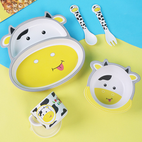 New children's tableware set household cute cartoon bamboo fiber baby compartmentalized plate small child meal bowl spoon and fork